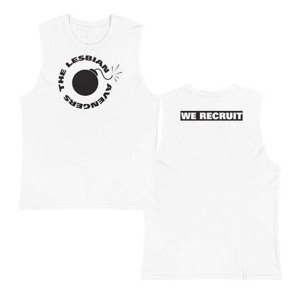 White sleeveless shirt with 'The Lesbian Avengers' logo and 'We Recruit' text on a white background