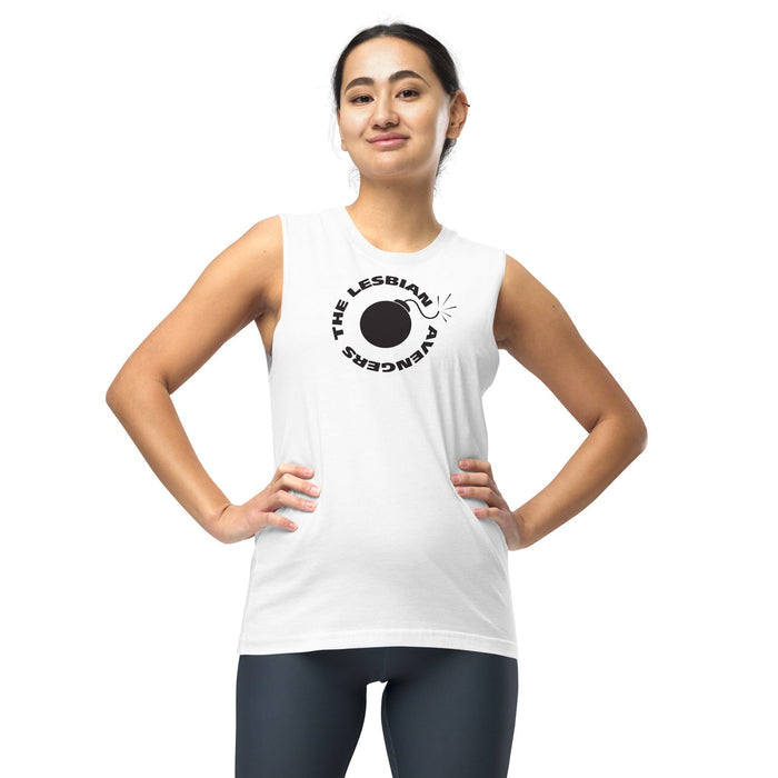 Woman wearing a white sleeveless shirt with the lesbian avengers graphic in black on a white background