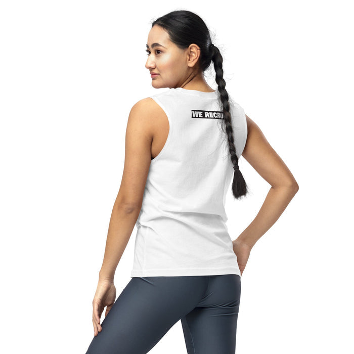 Woman wearing a white sleeveless top with the lesbian avengers and gray leggings on a white background