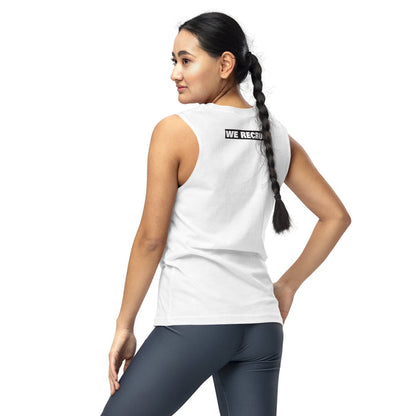 Woman wearing a white sleeveless top with the lesbian avengers and gray leggings on a white background