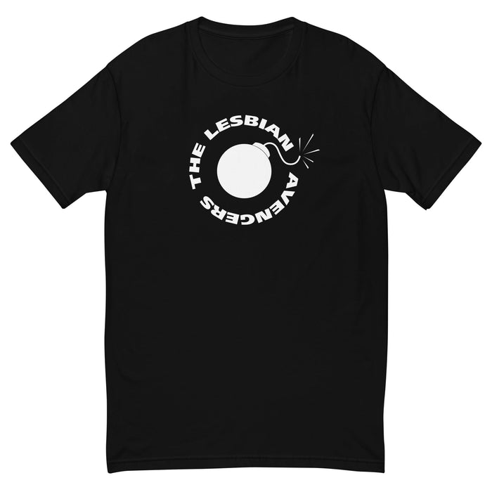 Black t-shirt with white The Lesbian  Avengers and bomb graphic on a white background