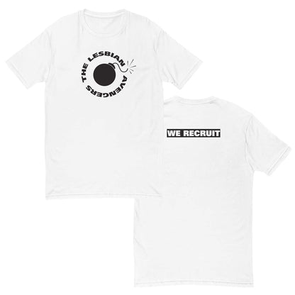 white t-shirt with black The Lesbian  Avengers and bomb graphic on front and  WE RECRUIT on the back on a white background