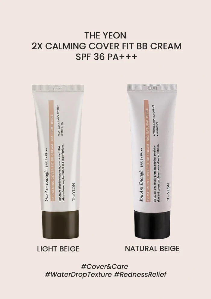 Two tubes of The Yeon 2X Calming Cover Fit BB Cream on a beige background