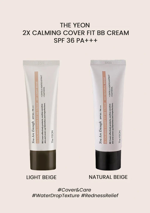 Two tubes of The Yeon 2X Calming Cover Fit BB Cream on a beige background