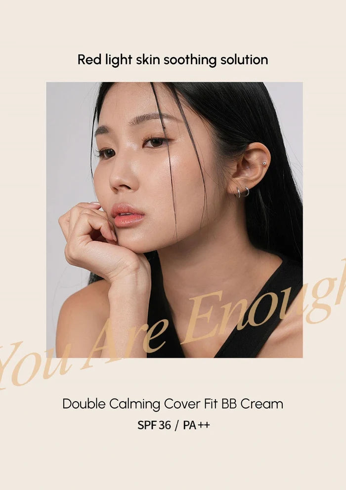 Woman with smooth skin and text about a red light skin soothing solution and BB cream.