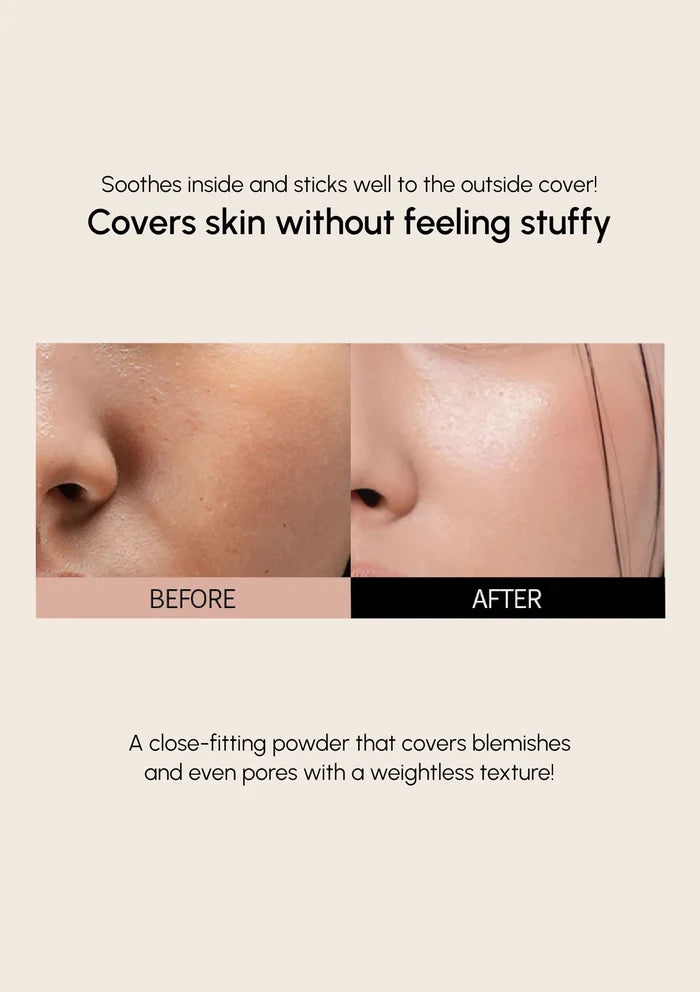 Before and after comparison of a close-fitting powder on skin with text describing its benefits.