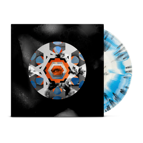 Armor For Sleep vinyl record with a blue and white marbled pattern, partially out of a die-cut jacket featuring hexagons, orange and blue shapes, and a central brown eye-like detail.