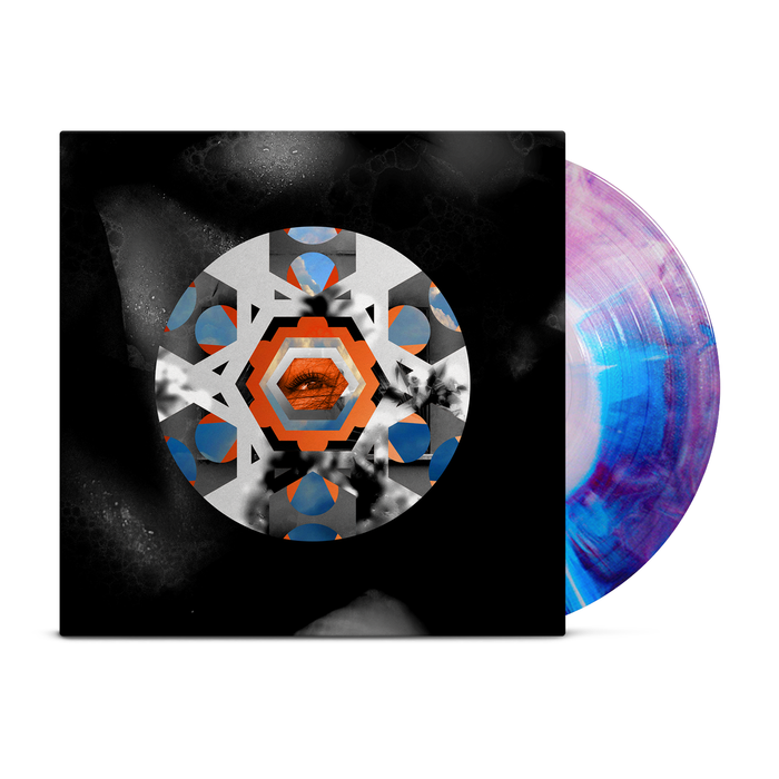 An Armor For Sleep vinyl record with a purple and blue marbled pattern partially slides out of a black die-cut jacket featuring geometric orange, blue, and gray shapes with a central eye motif.