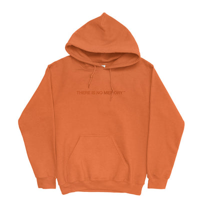 An orange Armor For Sleep hoodie with a front pocket and "THERE IS NO MEMORY" printed in bold capital letters across the chest.