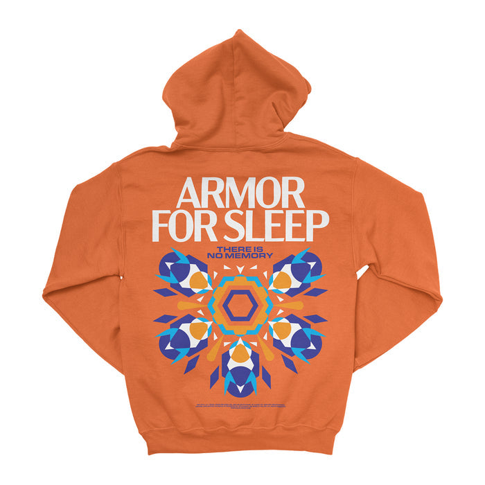 An orange Armor For Sleep pullover hoodie with "There Is No Memory" in bold white text above a blue, orange, and purple geometric design on the back.