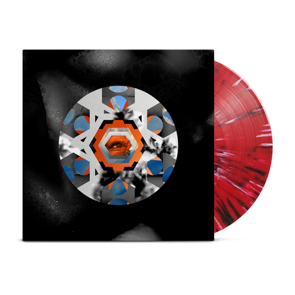 A red and white splatter vinyl record by Armor For Sleep peeks from a black die-cut jacket with orange, blue, and gray geometric shapes and a central eye design.