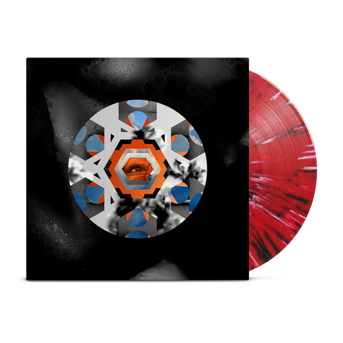 A red and white splatter vinyl record by Armor For Sleep peeks from a black die-cut jacket with orange, blue, and gray geometric shapes and a central eye design.