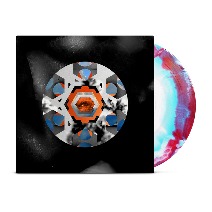 A vinyl record from Armor For Sleep with a blue, pink, and white marbled pattern peeks out from its die-cut jacket, which displays a geometric circular design in orange, black, white, and blue on a black background.