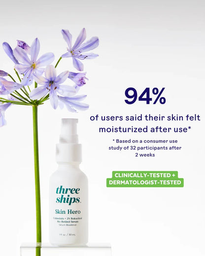 Three Ships SkinHero calendula and bakuchiol bio-retinol serum in a 30ml bottle, showcasing the product label and packaging.