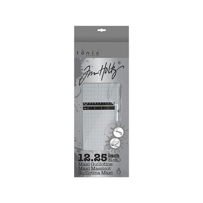 Tim Holtz - Maxi Guillotine - 12.25". Perfect for cutting paper and cardstock! This 8x19x3 inch package contains one 12.25 inch maxi guillotine. Measurements in both inches & metric. Paper guard protects fingers and prevents paper movement. Available at Embellish Away located in Bowmanville Ontario Canada.