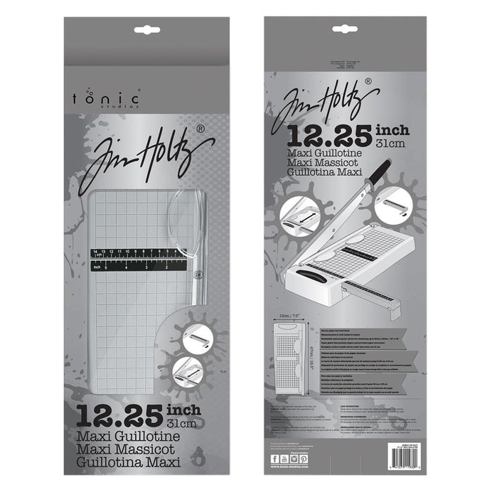 Tim Holtz - Maxi Guillotine - 12.25". Perfect for cutting paper and cardstock! This 8x19x3 inch package contains one 12.25 inch maxi guillotine. Measurements in both inches & metric. Paper guard protects fingers and prevents paper movement. Available at Embellish Away located in Bowmanville Ontario Canada.