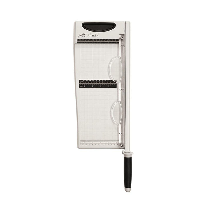 Tim Holtz - Maxi Guillotine - 12.25". Perfect for cutting paper and cardstock! This 8x19x3 inch package contains one 12.25 inch maxi guillotine. Measurements in both inches & metric. Paper guard protects fingers and prevents paper movement. Available at Embellish Away located in Bowmanville Ontario Canada.