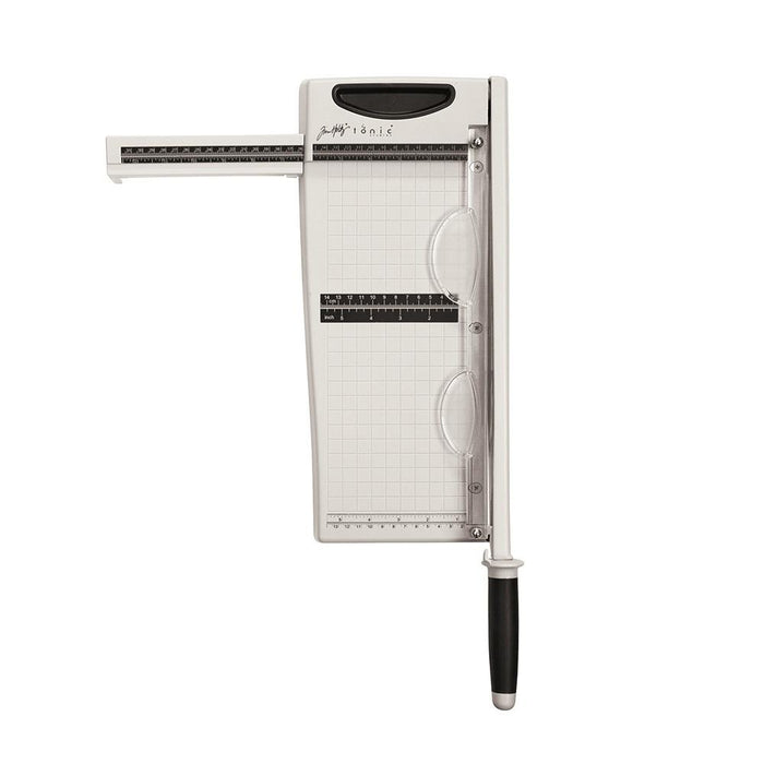 Tim Holtz - Maxi Guillotine - 12.25". Perfect for cutting paper and cardstock! This 8x19x3 inch package contains one 12.25 inch maxi guillotine. Measurements in both inches & metric. Paper guard protects fingers and prevents paper movement. Available at Embellish Away located in Bowmanville Ontario Canada.