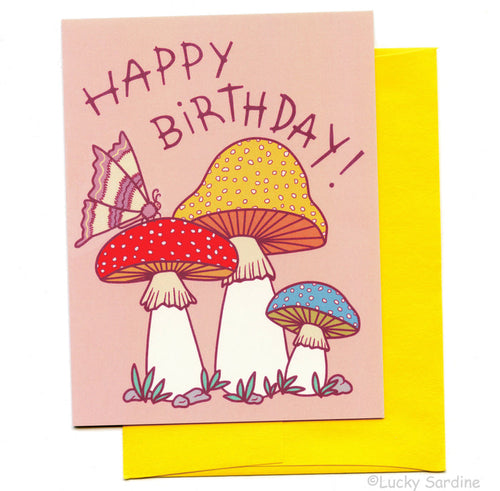 Toadstool, Mushroom Moth Happy Birthday Card