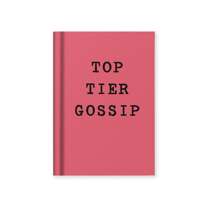 A7 hardback notebook with pink cover, “TOP TIER GOSSIP” text