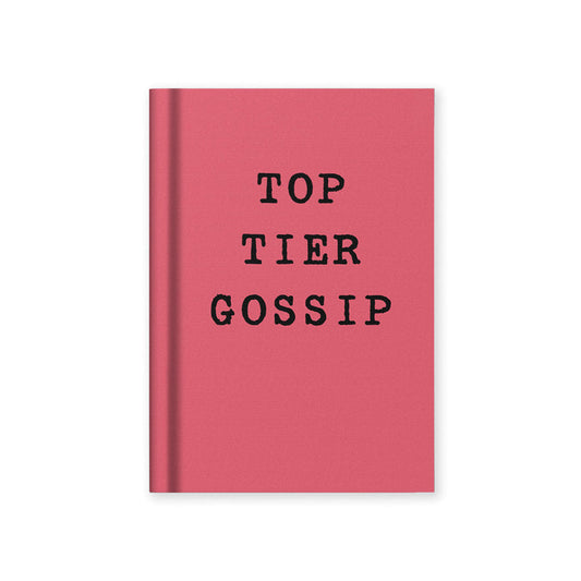 A7 hardback notebook with pink cover, “TOP TIER GOSSIP” text