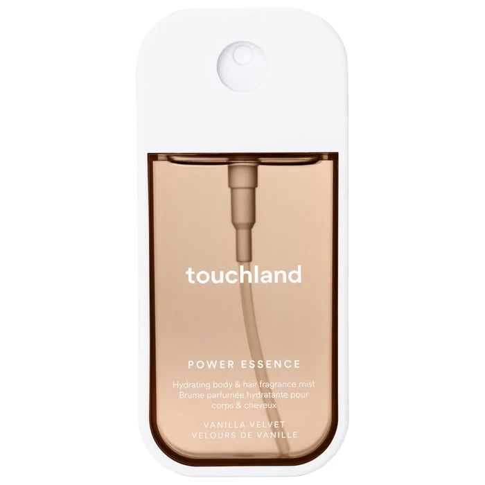 Touchland Power Essence body and hair fragrance in 60ml bottle, with sleek design and vibrant branding for a refreshing scent.
