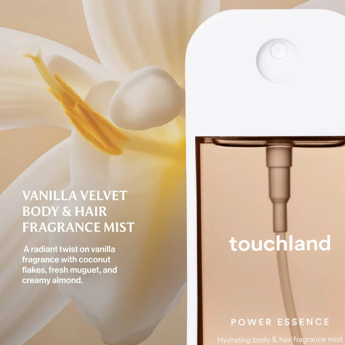 Touchland Power Essence body and hair fragrance in a 60ml bottle, featuring sleek packaging for a refreshing scent.