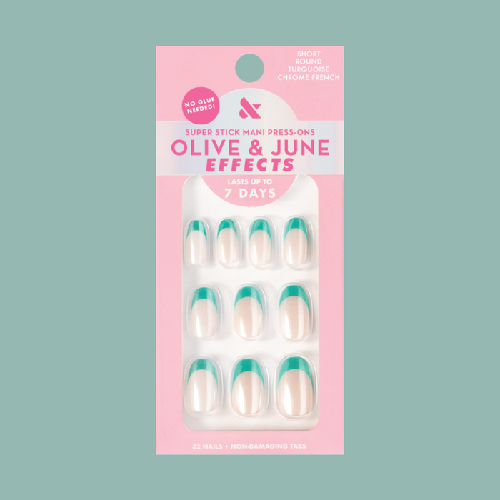 Turquoise Chrome | Short | Round - Tab Press-On nails with sheer neutral base and turquoise chrome french tips for easy at-home mani