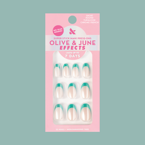 Turquoise Chrome | Short | Round - Tab Press-On nails with sheer neutral base and turquoise chrome french tips for easy at-home mani