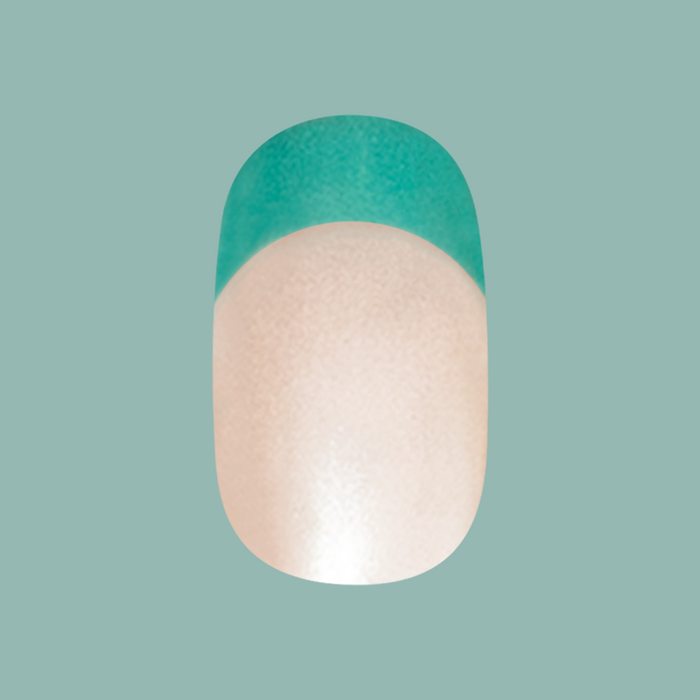Turquoise Chrome | Short | Round - Tab Press-On nail with sheer neutral base and vibrant turquoise chrome tip for easy mani