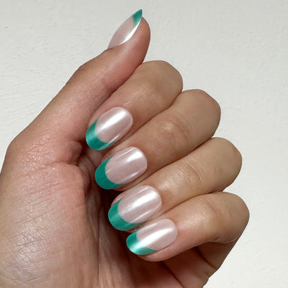 Turquoise Chrome | Short | Round - Tab Press-On nails with sheer base and turquoise tips for a quick at-home mani