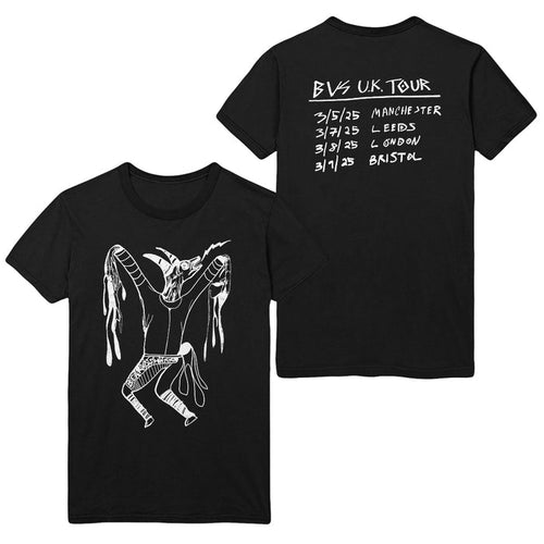 Bearvsshark eco-friendly black T-shirt with a white line drawing of a horned, dancing figure on the front and BVS U.K. Tour dates/cities in handwritten style on the back. Printed on Earth Positive garments.