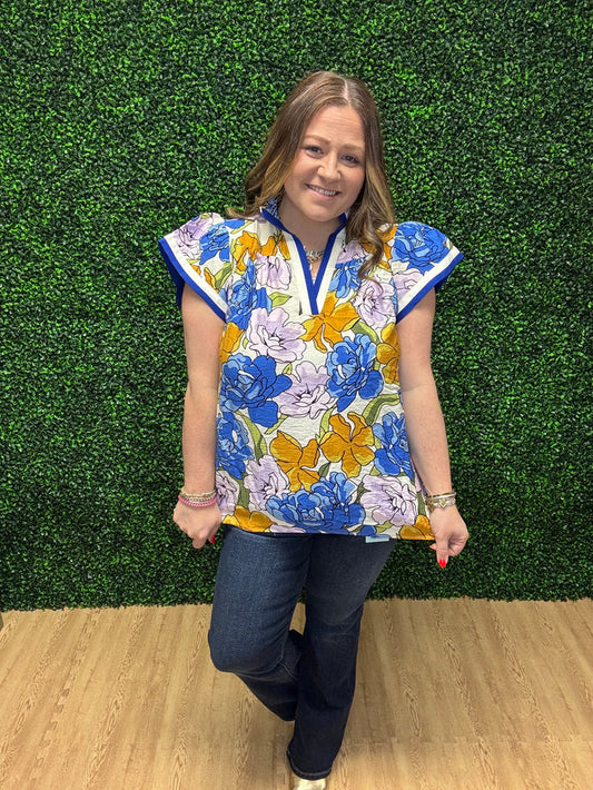 Umgee Floral Blouse with Contrast Trim