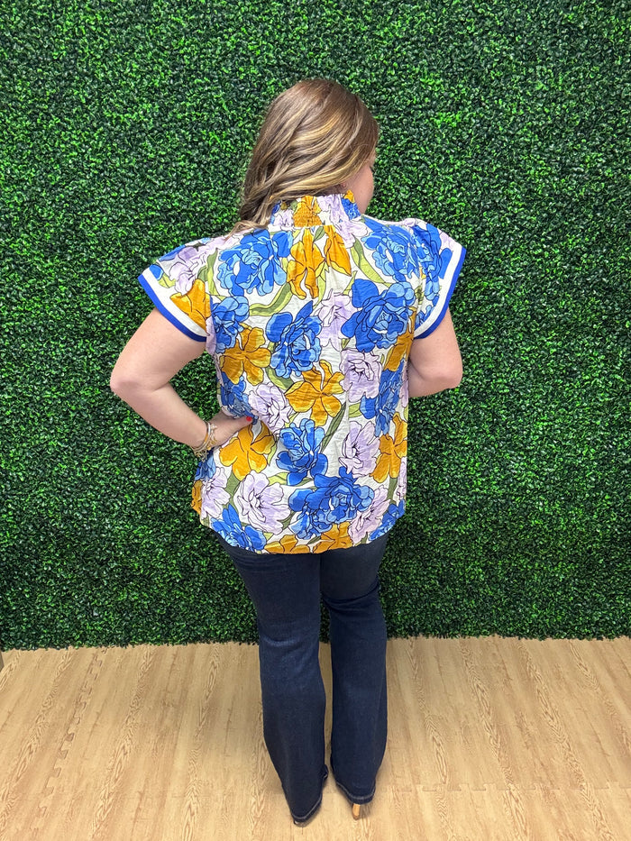Umgee Floral Blouse with Contrast Trim
