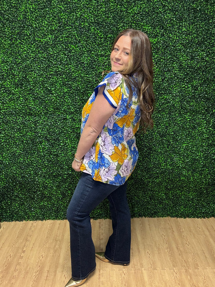 Umgee Floral Blouse with Contrast Trim