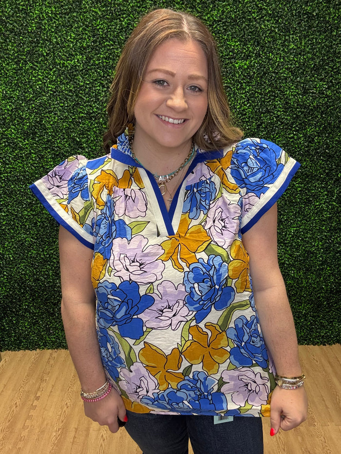 Umgee Floral Blouse with Contrast Trim