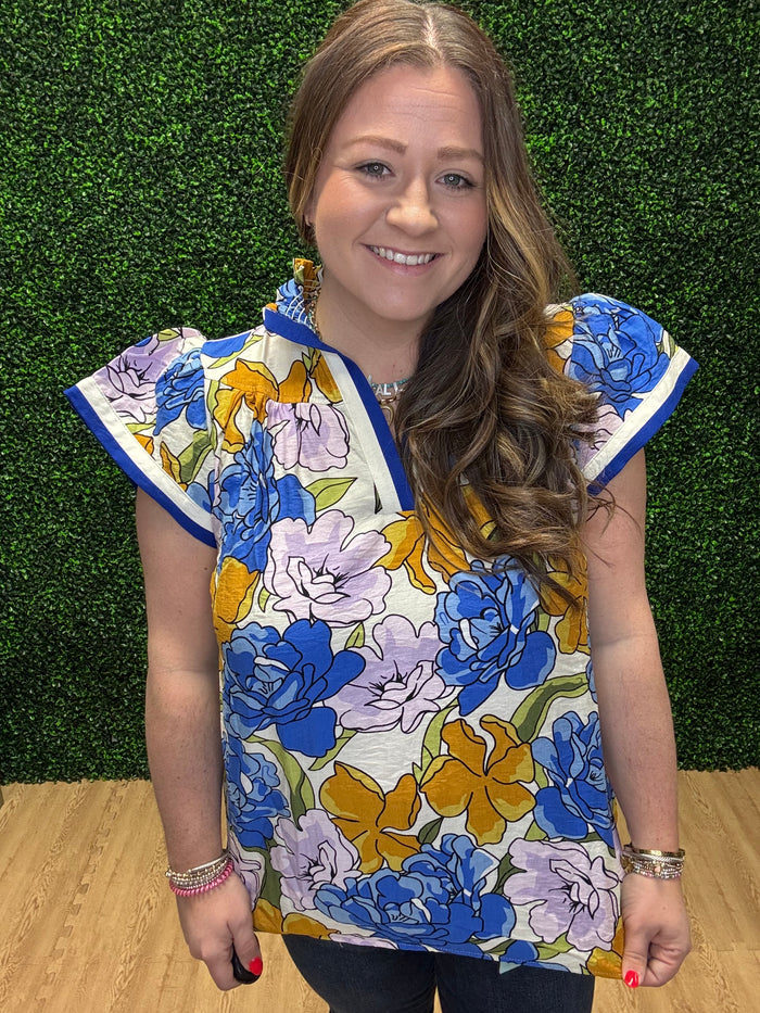 Umgee Floral Blouse with Contrast Trim
