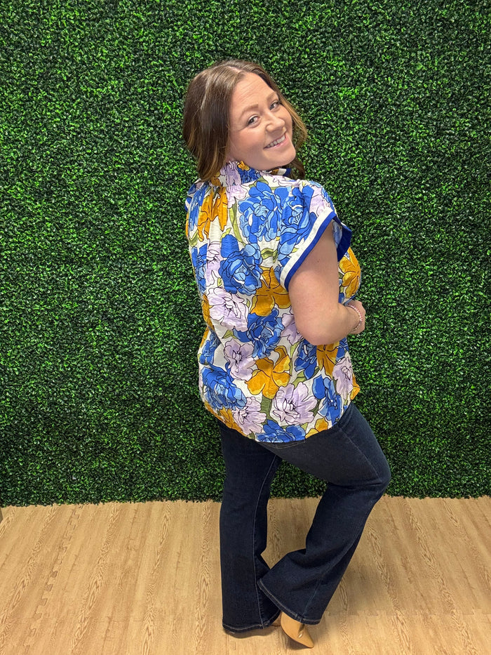Umgee Floral Blouse with Contrast Trim