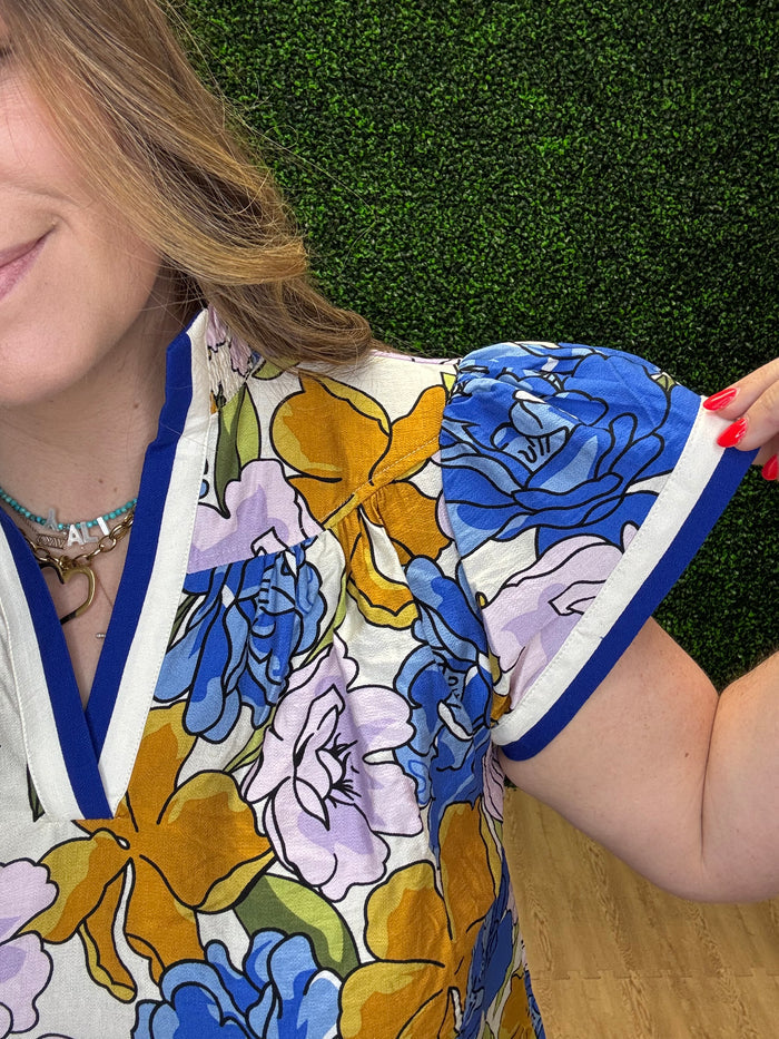 Umgee Floral Blouse with Contrast Trim