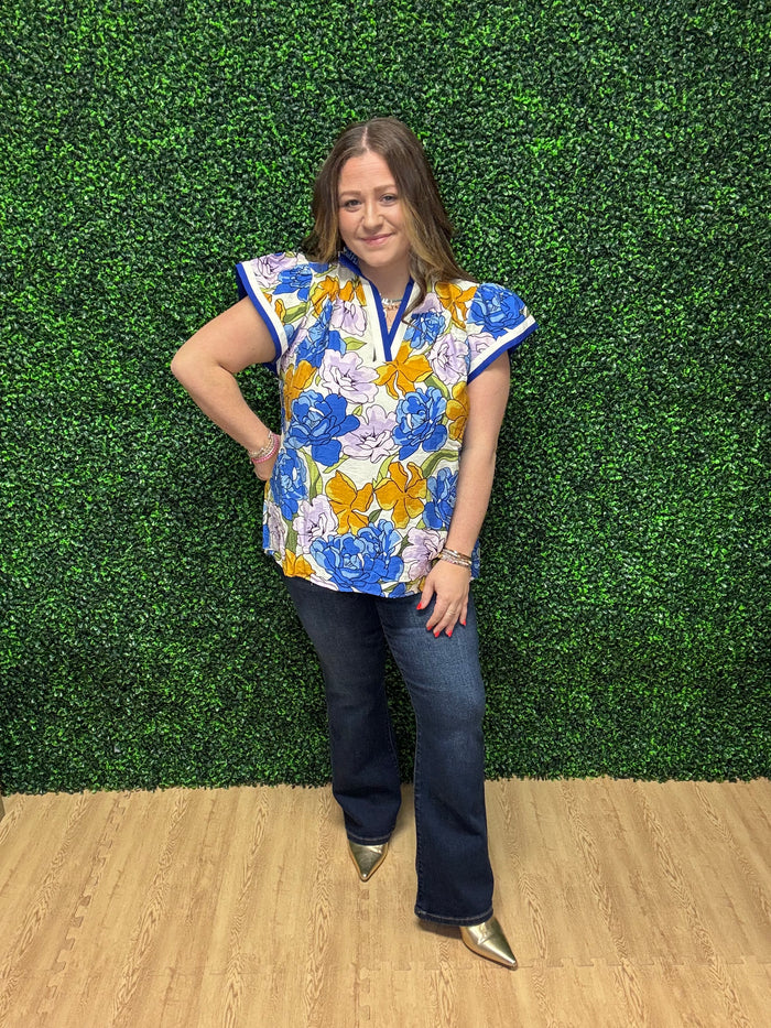 Umgee Floral Blouse with Contrast Trim