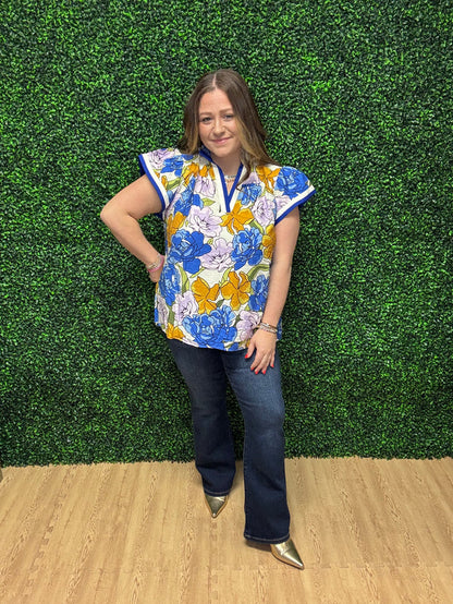Umgee Floral Blouse with Contrast Trim