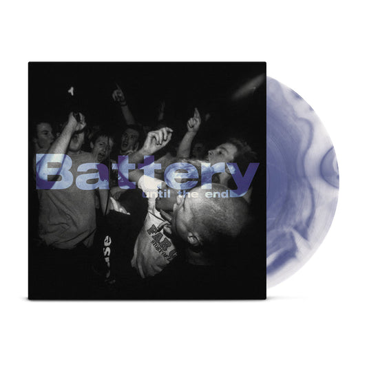 Purple and white swirl vinyl peeks out of a black and white jacket with an image of a performer with a mic in front of multiple men partying. Purple letters in the center say, "Battery: until the end".