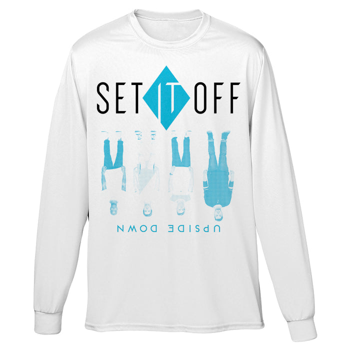White long-sleeve shirt with "SET IT OFF" printed in top center of shirt. "SET" and "OFF" are printed in black and "IT" is printed in white and outlined in a solid blue diamond. Below the words are the 4 band members standing upside-down in a line. They are printed in blue and white. Below them is "UPSIDE DOWN" printed upside-down.