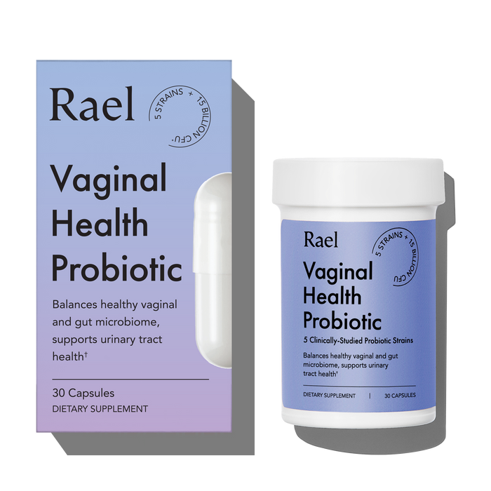 Rael Vaginal Health Probiotic packaging with purple box and white container on a white background