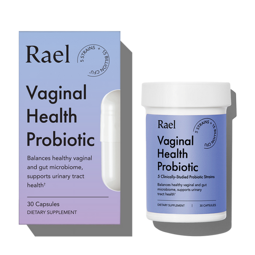 Rael Vaginal Health Probiotic packaging with purple box and white container on a white background