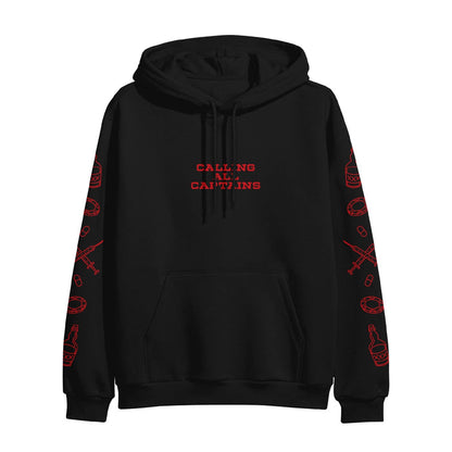 Black pullover hoodie with CALLING ALL CAPTAINS written in red font across the chest. On both sleeves there are drawings of lifesavers, beer, pills, and syringes.