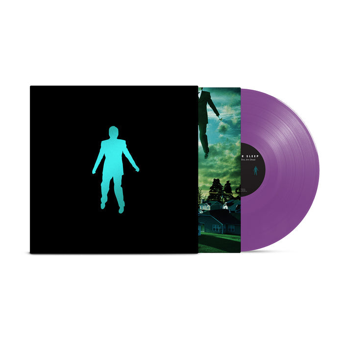 An Opaque Purple Armor For Sleep vinyl record partially slides out from a cover with a glowing blue silhouette of a floating person on black—a nod to What To Do When You Are Dead. A surreal outdoor scene appears on the inner sleeve.
