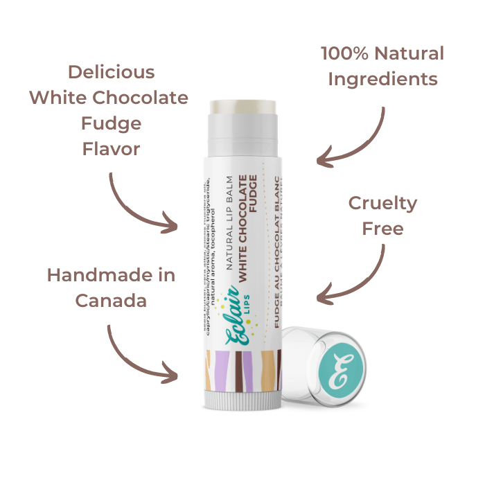 Eclair White Chocolate Fudge lip balm features, handmade in Canada