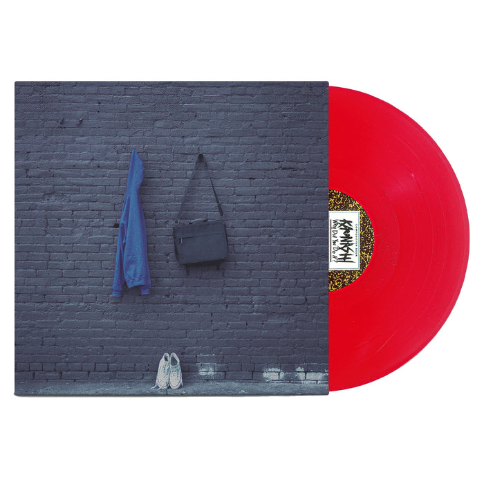 A red vinyl LP slides out of a gray brick wall-themed album cover with a blue jacket, black bag, and white sneakers—ideal for Kaonashi fans looking for alternative shipping options.