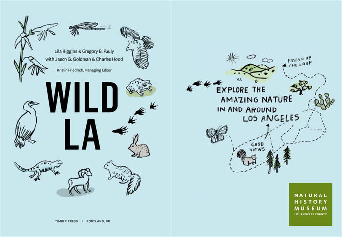 Open Wild LA booklet spread with animal silhouettes and Los Angeles nature map